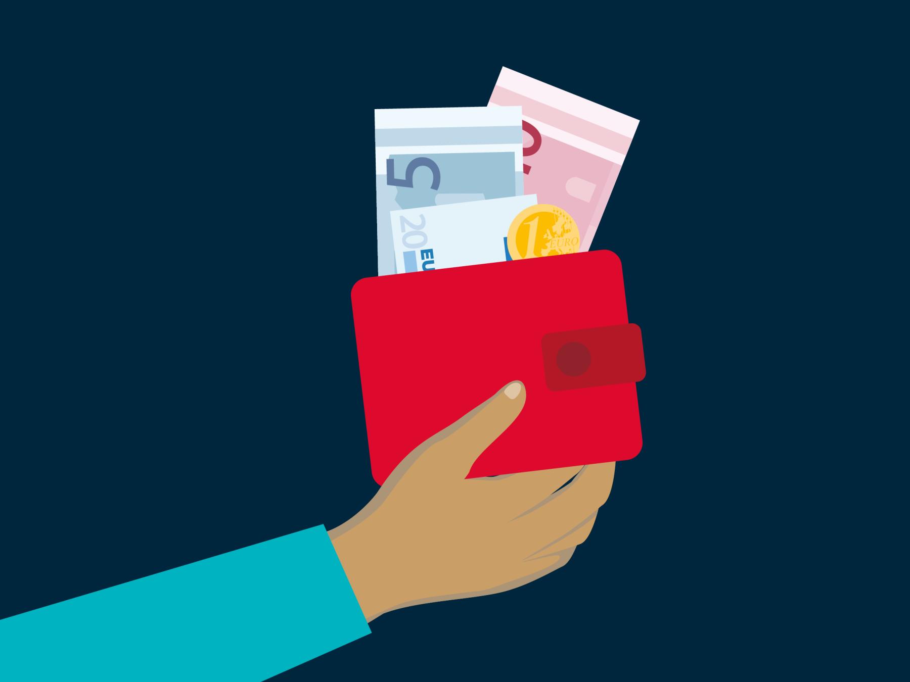 Getekende afbeelding van hand die portemonnee houdt waar 2 geldbiljetten en een munt uitsteken