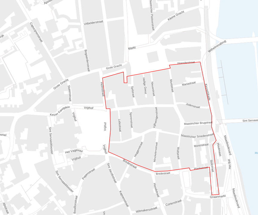 plattegrond met daarop met rode lijnen gemarkeerd het kernwinkelgebied