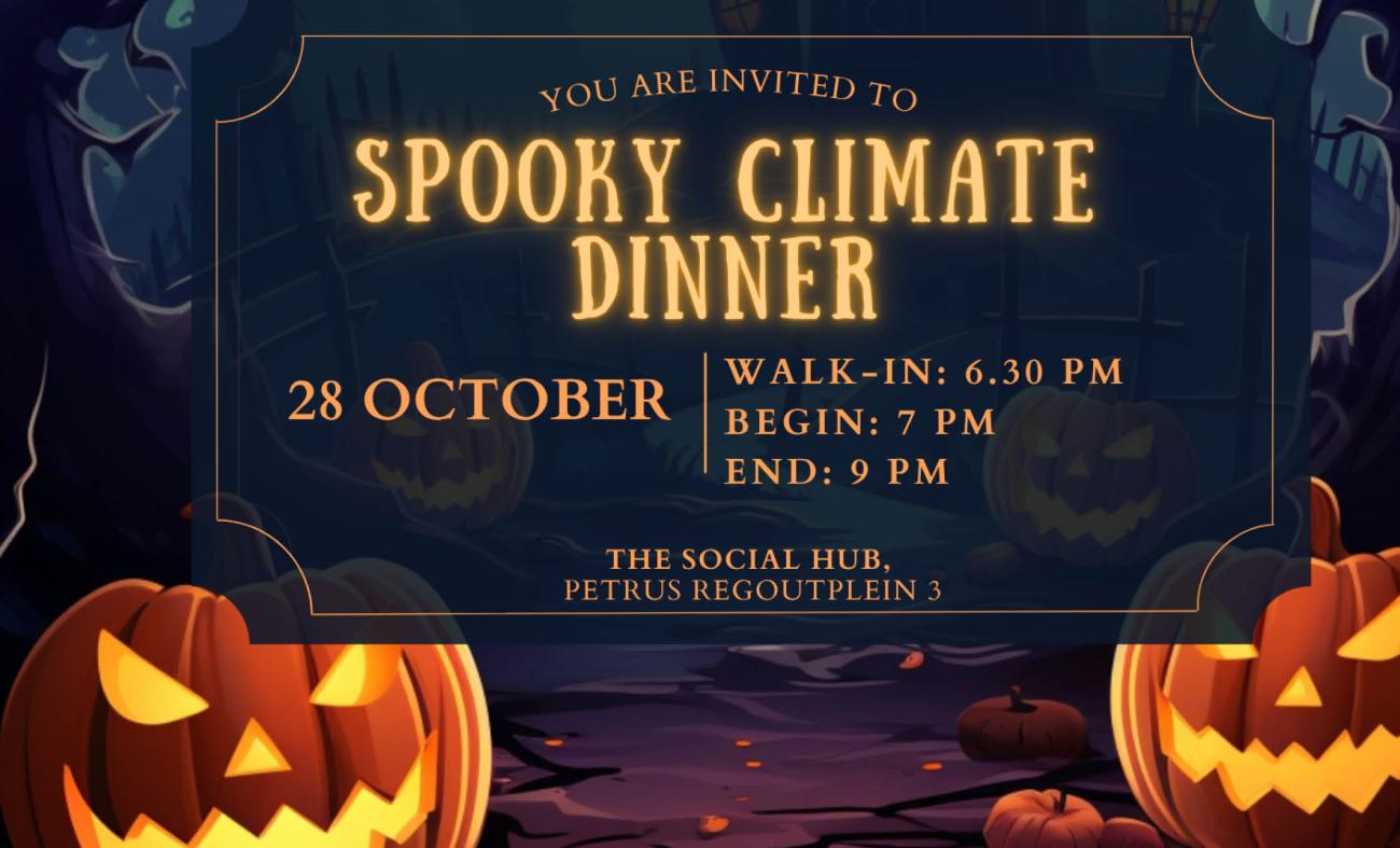 flyer met halloween pompoenen en de tekst: spooky climate dinner
