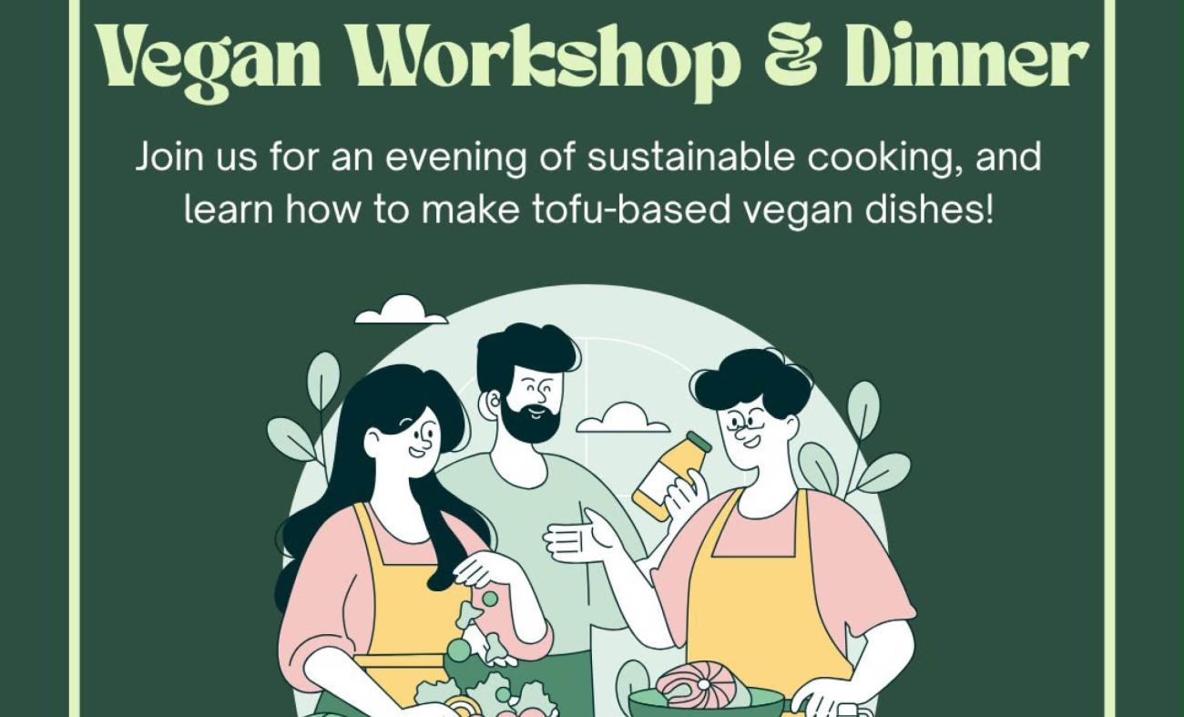 flyer voor de vegan workshop met getekende figuurtjes die samen koken