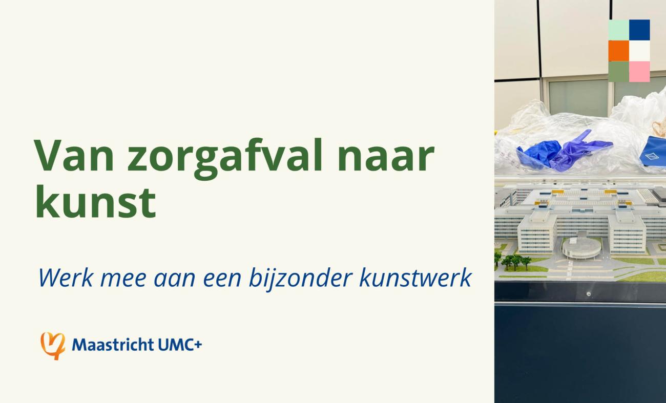 tekst: van zorg afval naar kunst, met aan de zijkant een plaatje van weggegooide pillendoosjes, handschoenen en ander medisch afval