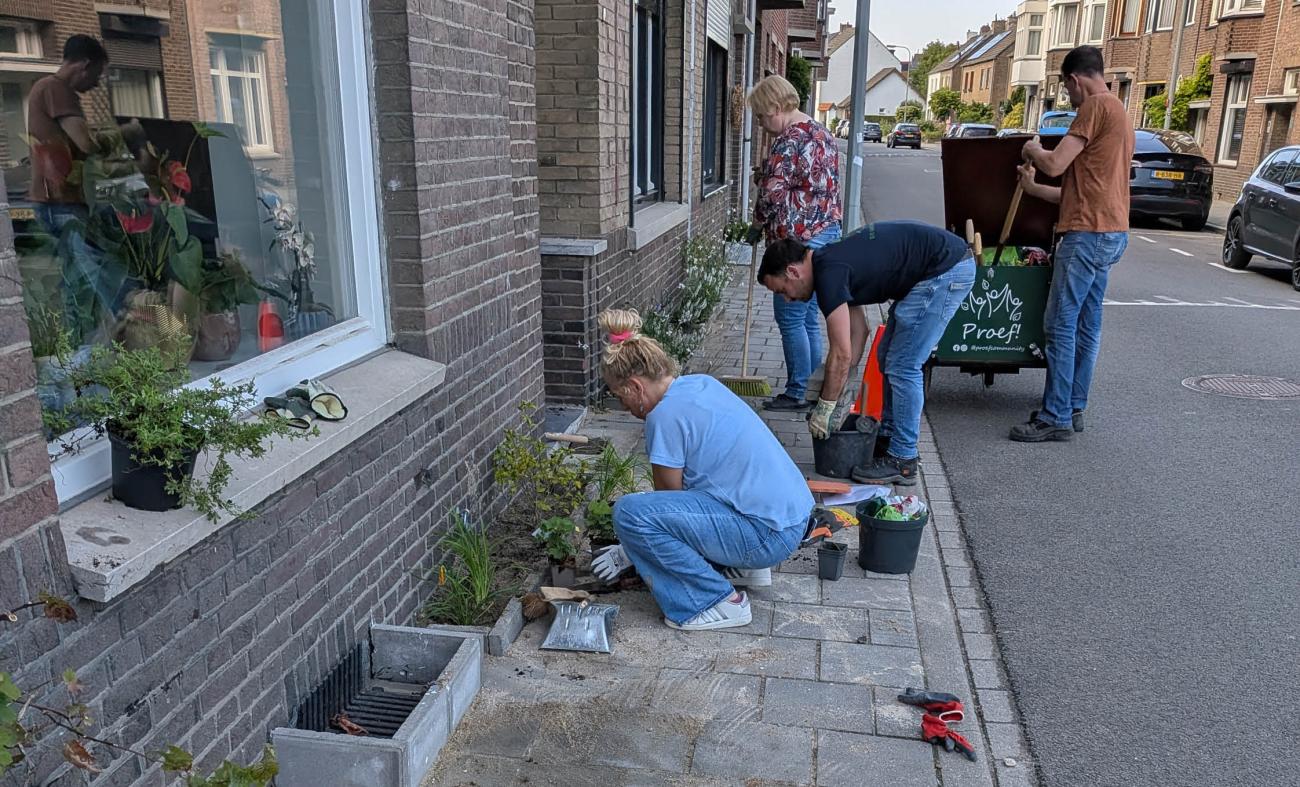 groep vrijwilligers die geveltuintjes aanleggen