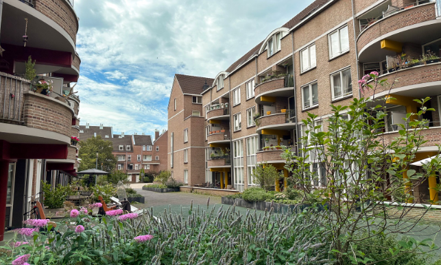 foto van een straat in het Boschstraatkwartier met bloemen op de voorgrond