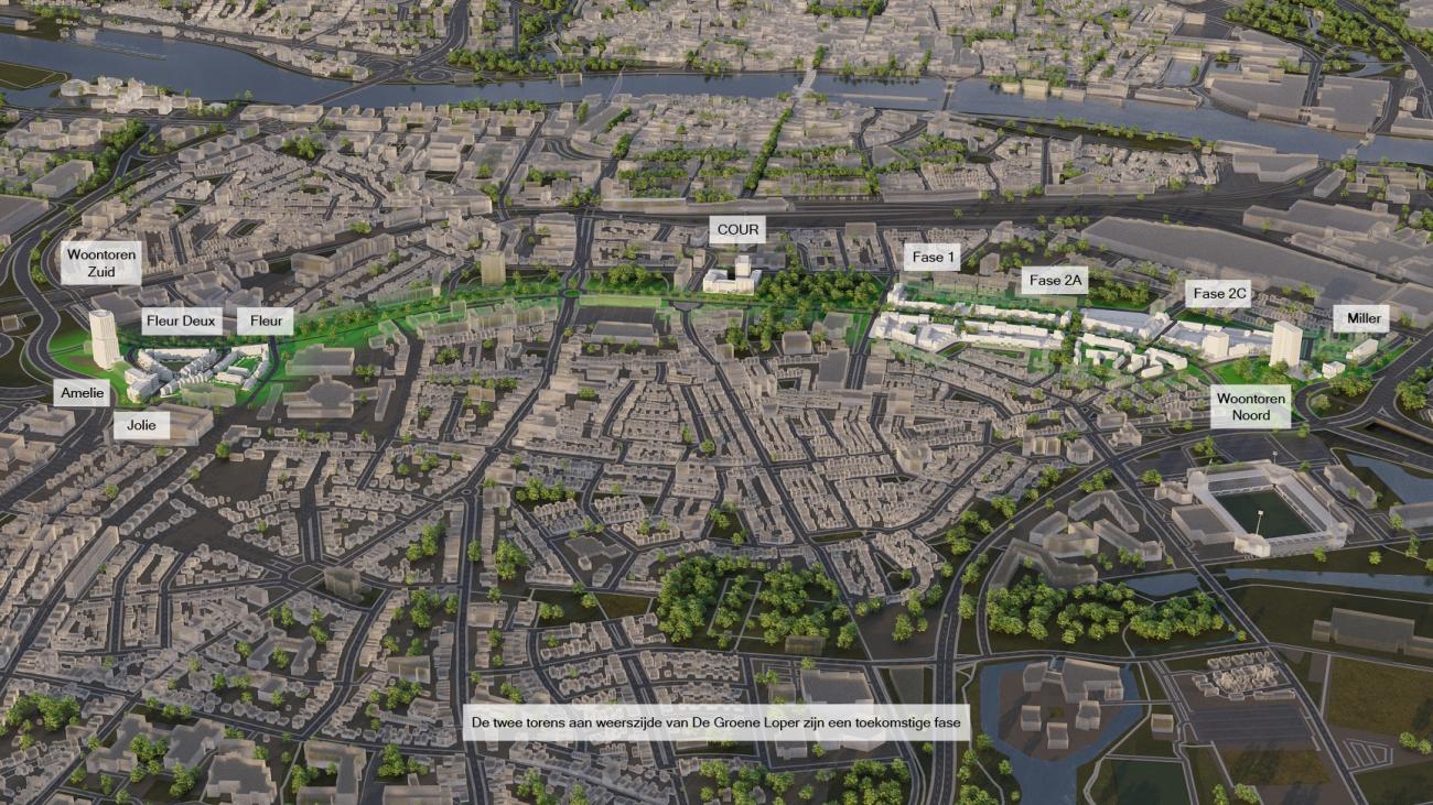 Digitale 3D-kaart van de Groene Loper. Langs deze groene strook zijn verschillende bouwprojecten aangegeven met namen, waaronder Fleur, COUR, Fase 1, Fase 2A en Miller.